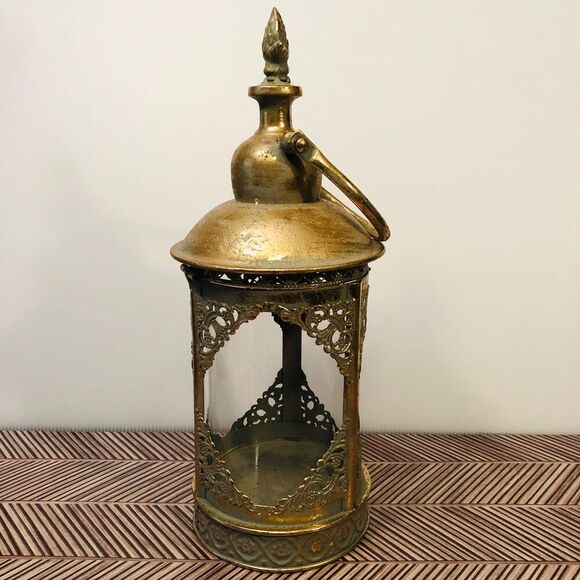 Decorative Lantern Round Gold Tone Metal Glass 15" w/ Handle Christmas Decor - Picture 6 of 8